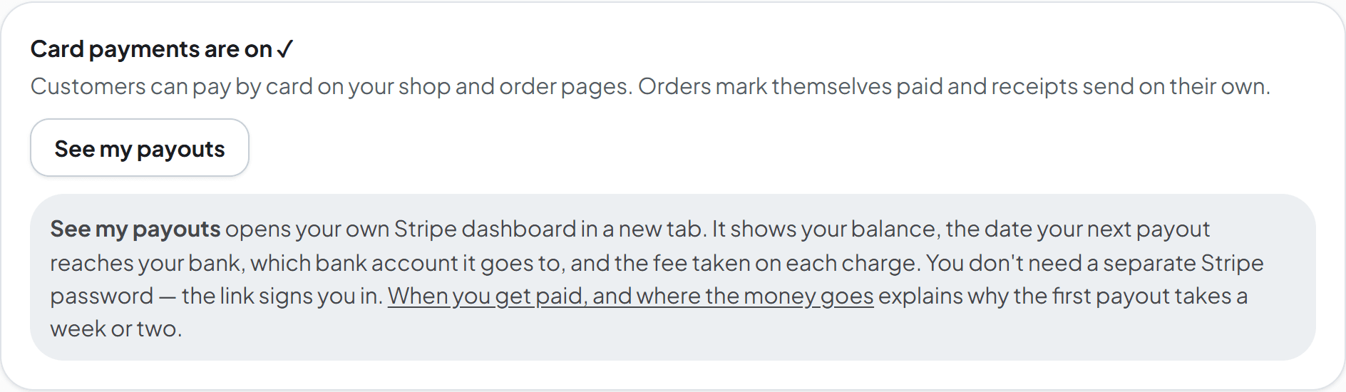 The card payments card on the Money tab, showing card payments are on and the See my payouts button