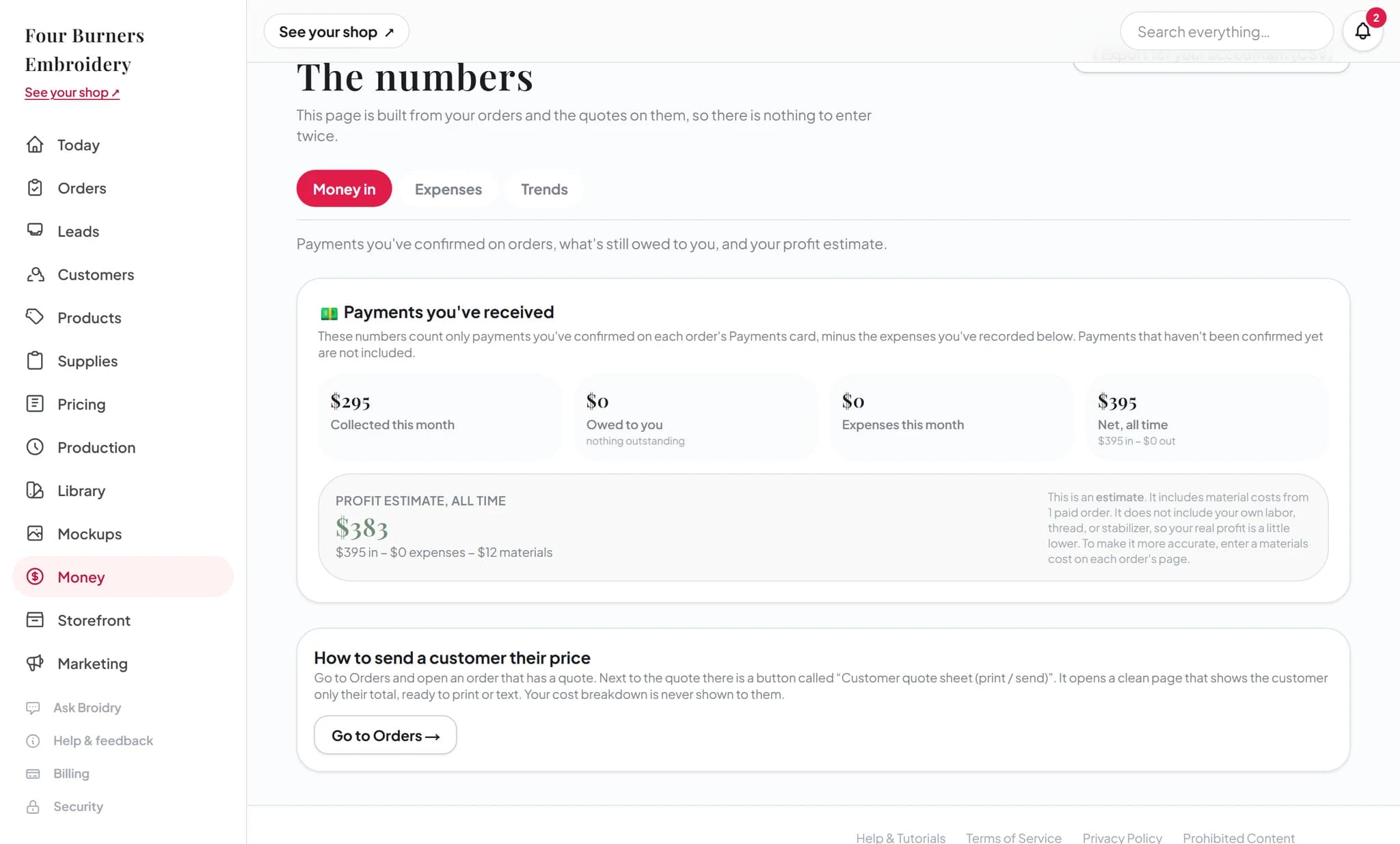 The Broidry Money page: payments received, owed to you, expenses, and a profit estimate
