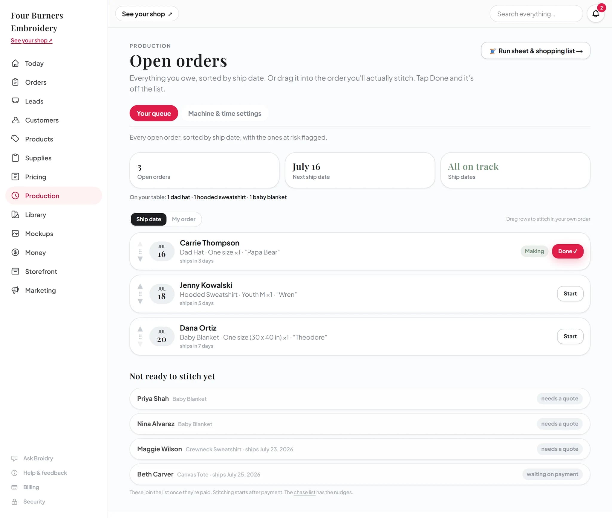 The Broidry production queue: open orders sorted by ship date with time estimates