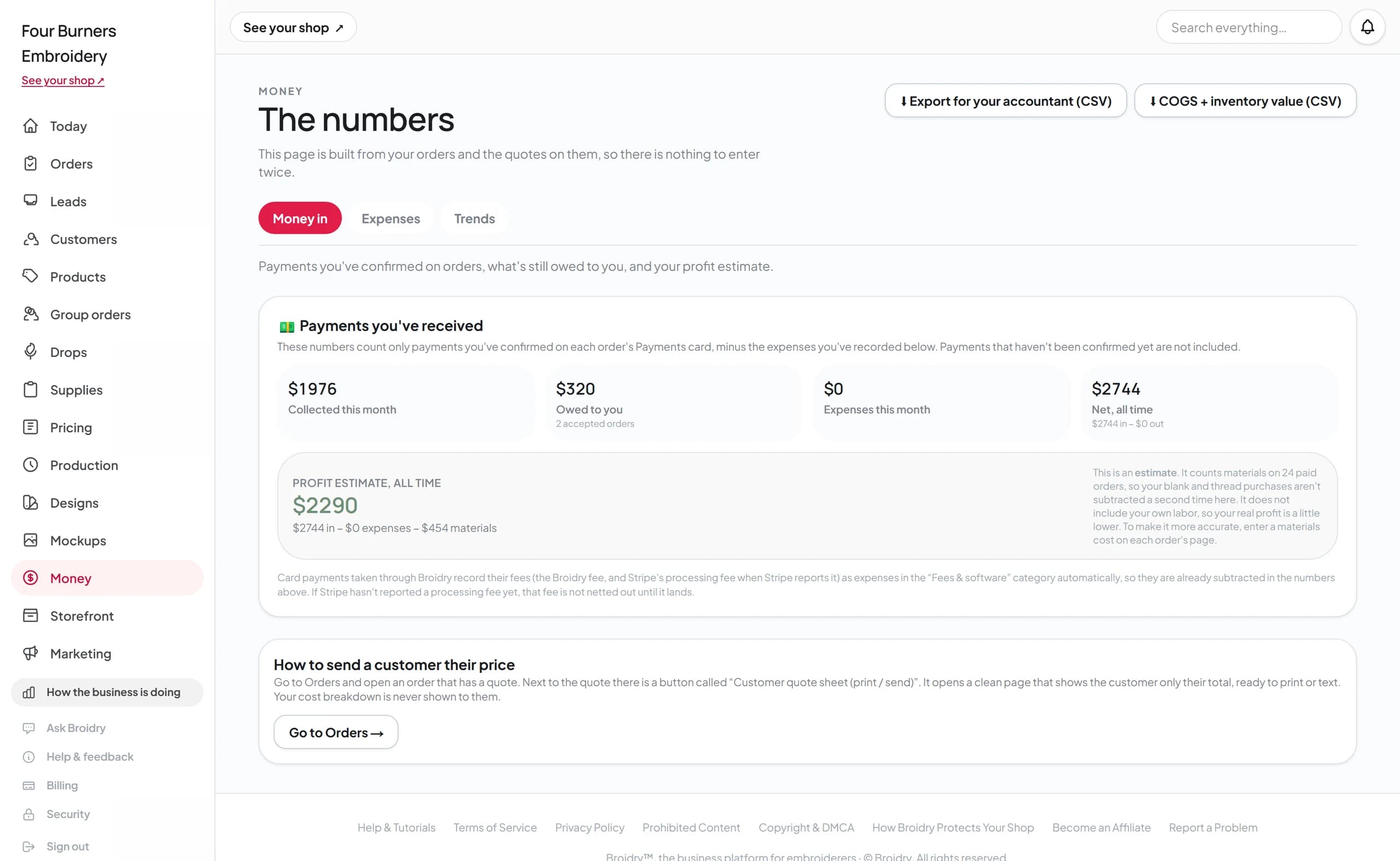 The Money page showing collected, owed, expenses, and profit