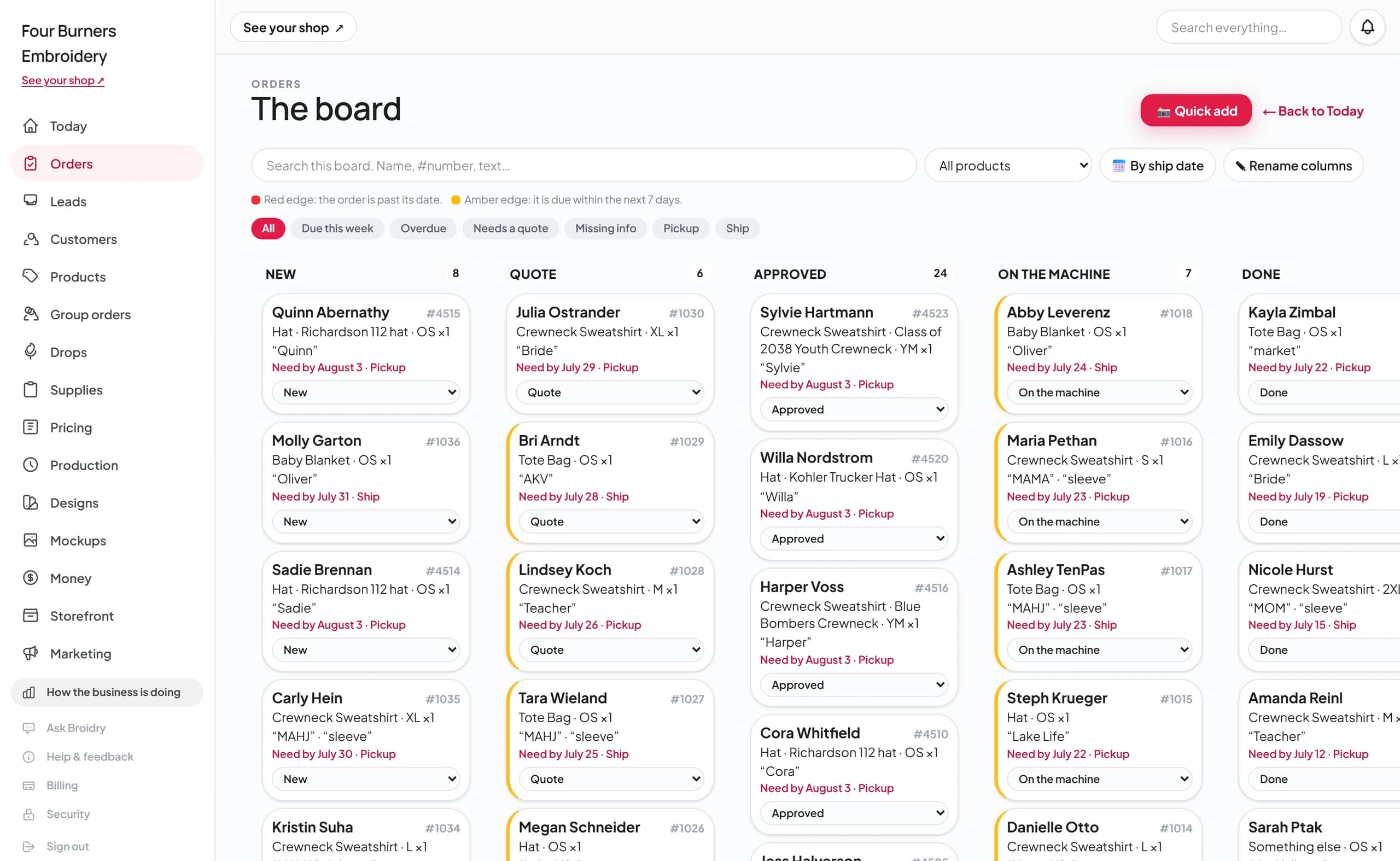 The order board with columns from New through Done